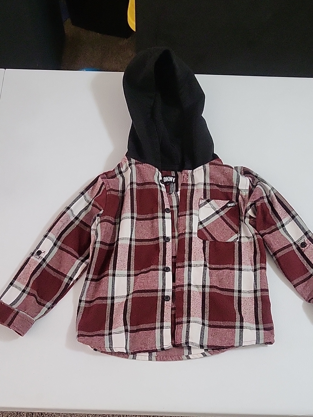 DKNY Maroon and White Plaid Button-Front Hooded Shirt